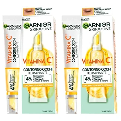 Image de Garnier SkinActive Crème Éclaircissante Contour des Yeux à la Vitamine C pour Ternes et Fatigués Formule Végétalienne avec Caféine de Niacinamide Poudre Banane 2 Flacons 15ml