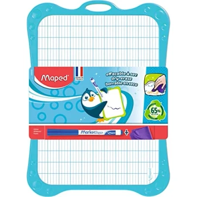 Image de Maped Kit Ardoise Blanche Effaçable + 1 Porte Accessoires Brosse Feutre Double Faces Cadre de Coloris Aléatoire Bleu, Vert