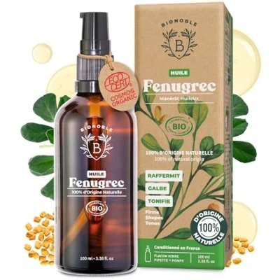 Image de Bionoble Huile de Fenugrec Bio 100ml pour Grossir Poitrine et Fesses Avec Pipette + Pompe Bouteille en Verre Macérât Huileux Tournesol Sans Odeur Bio, Vegan Naturelle