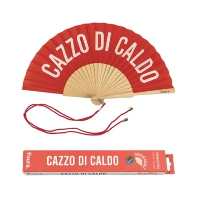 Image de Fisura Éventail original avec message en italien &quot;c*zzo di caldo&quot;. moderne et amusant bois. pliant rouge blanc. Mesures : 42,5 x 23 cm. Bois textile.