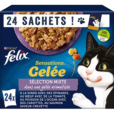Image de FELIX SENSATIONS Chat Adulte Selection Mixte en Gelée : au Bœuf, Dinde, Poisson de l&#039;Océan, Saumon Aliment humide 100% complet et équilibré Sachets Fraîcheurs Lot 4 (24 x 85 g)