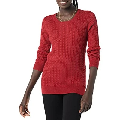 Image de Amazon Essentials Pull Torsadé Léger À Col Rond Et Manches Longues (Disponible En Grande Taille) Femme, Rouge Foncé, XL taille