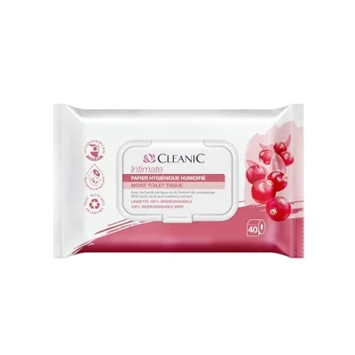 Image de Cleanic Intimate Lot de 40 rouleaux papier toilette humide lavable avec combinaison et lingettes humides, nettoie rafraîchit la zone intime, extrait canneberge