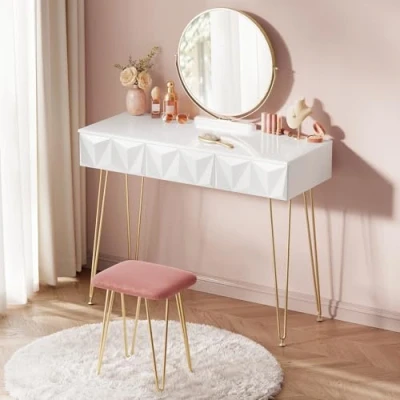 Image de EUGAD Coiffeuse avec Tabouret Velours et Miroir Pivotant à 360, 100x40x79cm, Table Cosmétique 3 Tiroirs Effet 3D, Meuble Chambre Moderne en Bois Métal, Blanc+Or, 0016SZT