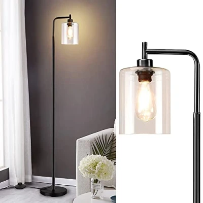 Image de Depuley Lampadaire Sur Pied,Lampadaire Salon,Lampadaire Led,Lampadaire avec Abat jour en Verre, Verre Métal Noir, Lumière Chaude,le Bureau, l&#039;étude, Ampoule E27 (Incluse),Interrupteur au Pied