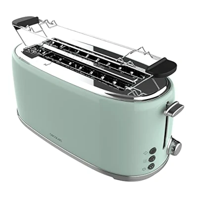 Image de Cecotec Toast&amp;Taste 1600 Retro Double Green 4 Slice Toaster. 1630 W, 2 Wide and Long Slots of 3.8 cm, Stainless Steel, Upper Heating Rods, Adjustable Power, Crumb Tray