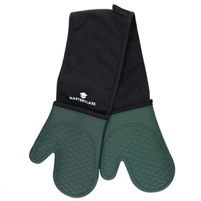Image de MasterClass Gants de Cuisine en Silicone résistants à la Chaleur avec Rembourrage Coton, antidérapants Double Face pour et pâtisserie, sans BPA, Noir/Vert Chasseur