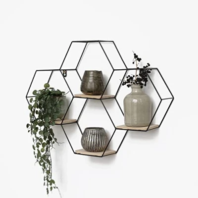 Image de IVOL Quadruple étagère Murale hexagonale en métal avec 4 tablettes Bois 40,5x58 cm Noir Decoration pour de Multiples espaces Vie y Compris Le matériel Montage