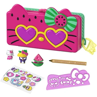 Image de Hello Kitty Sanrio coffret Trousse et Accessoires Fête à la plage avec 2 figurines, gomme, règle, crayon stickers, jouet pour enfant, GVC40