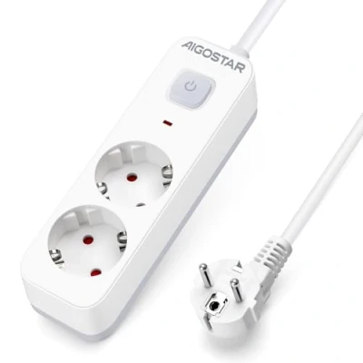 Image de Aigostar Multiprises 2 Prises Extension d&#039;alimentation de 3 Mètre Câble et Interrupteur Sécurité Enfant, Blanc, Prise Type Allemand
