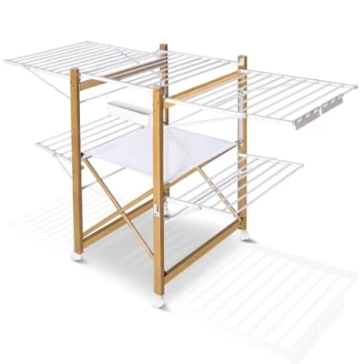 Image de vounot Séchoir à Linge Deluxe Grande Capacité avec roulettes et Maille Etendoir Extensible Pliable Multifonction Imitation Bois 30m de Séchage pour Usage Intérieur 180x105x61cm Blanc