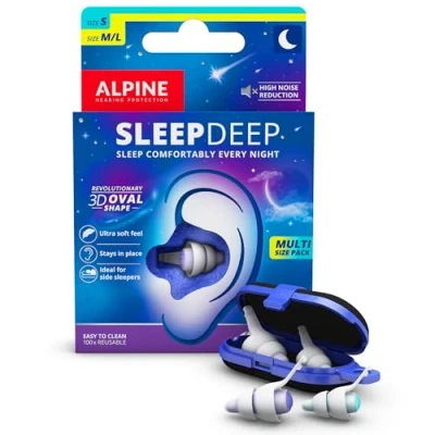 Image de Alpine SleepDeep Bouchons d’Oreilles pour Dormir Nouvelle Forme Ovale Gel Anti Bruit Intégré Confort et Atténuation au Max avec Filtres Souples (Taille S + M/L)