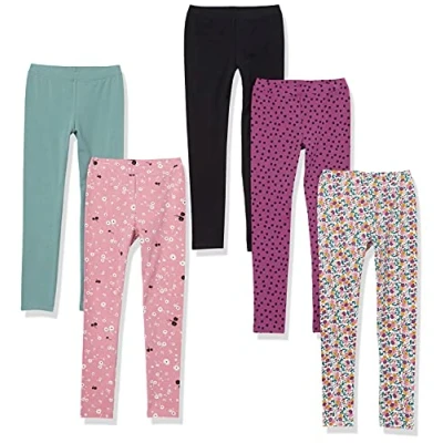 Image de Amazon Essentials Legging Fille, Lot de 5, Blanc Motif Liberty/Noir/Rose Fleurs/Vert Turquoise/Violet Points, 8 Ans