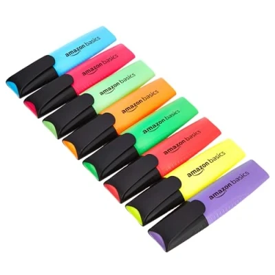 Image de Amazon Basics Lot de 8 surligneurs, Assortiment , couleurs vives