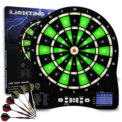 Image de Turnart Jeu de Flechette électronique Lumineux, Cible Flechette,6 Pointe Plastique,50 Pointes Souples,48 Principals et 500 Jeux Variations Cibles Électroniques pour 8 Joueurs (vet)