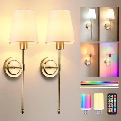 Image de GuKKK Applique Murale Sans Fil, 2 Pièces 6000MAh Lampe Fil Rechargeable RGB LED avec Télécommande,Applique Dimmable Pour Intérieure Chambre Salon Couloir