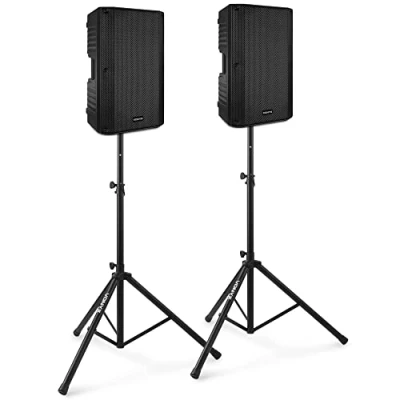 Image de VONYX VSA150S Kit Enceintes Actives avec Bluetooth et Pieds Réglables 1000W, Woofer 15 Pouces, Câble, Lecteur MP3, Un Idéal pour Les DJs Mobiles