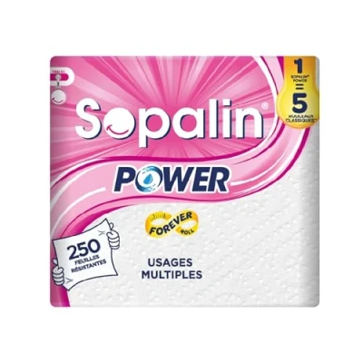 Image de Sopalin Power Essuie tout Multi usages x1 Rouleau Power=5 Rouleaux Classiques 250 feuilles Ultra Résistant Emballage composé d’au moins 80% de plastique recyclé Papier Certifié FSCTM Mixte