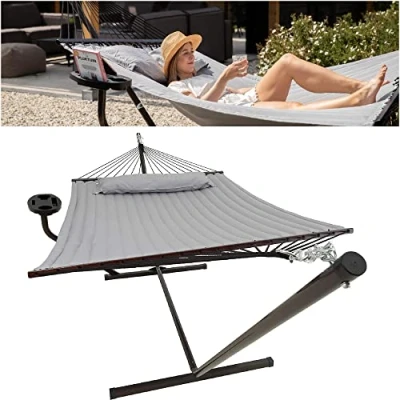 Image de Vita5 Hamac sur Pied 2 Places avec Coussin, Hamacs Double Portable, Support Solide en Acier revêtu, Charge Max de 200 Kg, Hauteur Réglable à Chaînes, Montage sans Outils