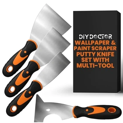 Image de DIY Doctor Ensemble d&#039;outils Grattoir Papier Peint 4 pièces 3 Decolleuse Paper with 1 Multi Tool Spatule Decoleuse a Set (1.5&quot;, 2.5&quot;, 3.5&quot;)