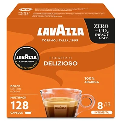 Image de LAVAZZA A Modo Mio Espresso Delizioso, 128 Capsules de Café, pour un aux Notes Aromatiques Fleurs, 100% Arabica, Intensité 8/13, Torréfaction Moyenne, 8 Paquets 16