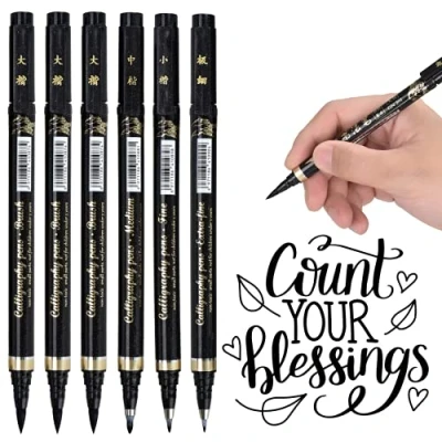 Image de DealKits Lot de 6 crayons calligraphie à séchage rapide avec 4 tailles feutres noirs pour lettrage débutant, bullet, journal, signature dessin