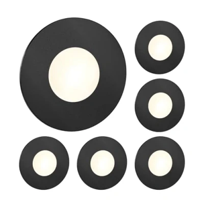 Image de ledscom.de 6 pièces Lumière d&#039;escalier LED/lampe murale encastrée FEX pour l&#039;intérieur et l&#039;extérieur, ronde, noire, 85mm Ø, blanc chaud