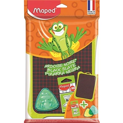 Image de Maped Ardoise Scolaire Graphite avec Éponge + Boîte 10 Craies Blanches Noire Double Face, Unie et Quadrillée Dessin, Calcul Écriture Coloris Aléatoire Vert ou Rouge