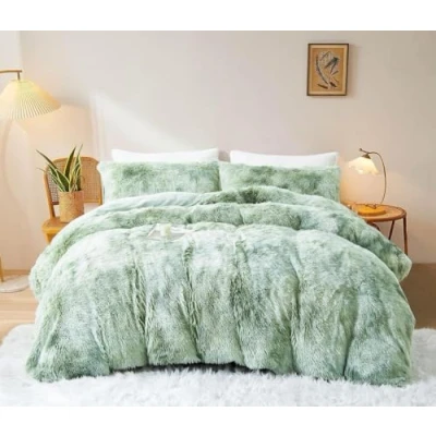 Image de Sacebeleu Parure de lit d&#039;hiver 135 x 200 cm en Peluche Poils Longs Flanelle Vert et Blanc avec Housse Couette 1 taie d&#039;oreiller 80 Fermeture éclair