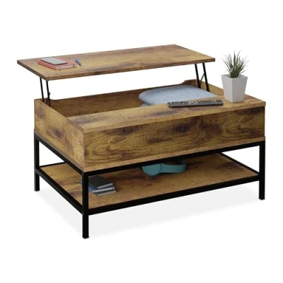 Image de Relaxdays Table Basse avec Plateau relevable, 42x98x50 cm, Compartiment intérieur, Meuble de Salon, Marron/Noir