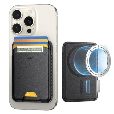 Image de ESR Porte Cartes pour MagSafe, Maintien 5 Cartes, iPhone avec Force Magnétique de 3200 g, en Cuir Végan, Série 16/15/14/13/12, Non 13/12 Mini, Noir