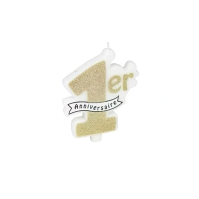 Image de Bougie 1er anniversaire paillettes champagne 10 x 8 cm Doré Taille Unique