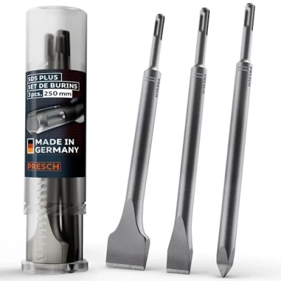 Image de Presch SDS plus Jeu de Burins 3 pièces complet avec burin plat, large et pointu Pointes extrêmement robustes durables (longueur 250 mm) pour des coups puissants