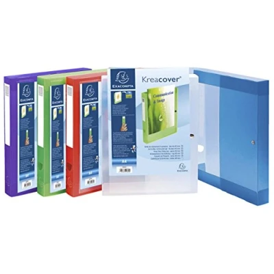 Image de Exacompta Réf. 59988E 5 boites de classement avec fermeture à pression Kreacover personnalisable sur 1 face en polypropylène translucide dos 4 cm dim 25x33 pour A4 couleur incolore