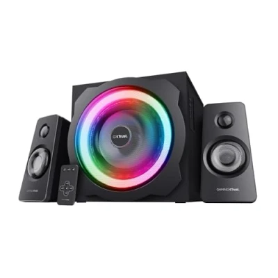 Image de Trust Gaming GXT 629 Tytan RGB Enceinte PC Gamer 2.1 avec Caisson de Basses, 120 W, LED RGB, Télécommande sans Fil, Haut Parleur PC, Ordinateur Portable, Tablette, Smartphone, TV Noir
