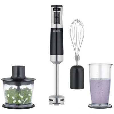Image de Severin Ensemble Mixeur Plongeant 600 W, Multifonction avec de Nombreux Accessoires, Plongeur, Batteur, mélangeur et Hachoir, INOX/Noir, SM3772
