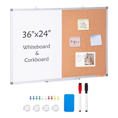 Image de VEVOR Combo Tableau Blanc et en Liège 90x60 cm, d&#039;Affichage Magnétique Effaçable à Sec, avec Cadre Aluminium, Montage Mural, pour Épingler Mémo Notes Photos Bureau Maison École
