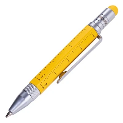 Image de TROIKA Stylo à bille multitâche (petit), règle centimètres/pouces, tournevis cruciforme, stylet (jaune), mine noire, avec 2 mines de rechange en aluminium/laiton/acier mat, jaune