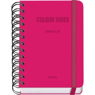 Image de Dohe Agenda Scolaire 2025 2026 Page Par Jour, Taille A6 (12x17 cm), Espagnol et Anglais, Fermeture à Spirale Double Élastique, Couverture Rigide, 4 Pages d&#039;Autocollants COLOUR VIBES Rose