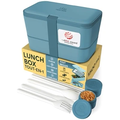 Image de Umami Bento Lunch Box, Couverts &amp; 2 Pots à Sauce Inclus, Boîte Bento, Lunchbox Micro Ondable, Adulte Encastrable, Repas 4 Compartiments,