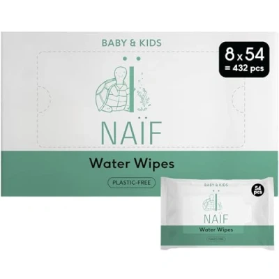 Image de Naïf, Lingettes Sans Plastique Pour Bébés &amp; Enfants, les fesses, le corps et joues de bébé, Ingrédients naturels, microplastiques, 100% végan, Emballage Multiple, 8 paquets, 432 Unités