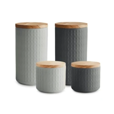 Image de SPRINGLANE conteneurs de stockage en céramique avec couvercles bois, bois d&#039;hévéa, (2x Gris Clair 2x Foncé, 380 ml à 900 ml)
