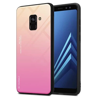 Image de cadorabo Housse Compatible avec Samsung Galaxy A8 2018 en Jaune Rose Coque de Protection Bicolore Silicone TPU et Dos Verre trempé