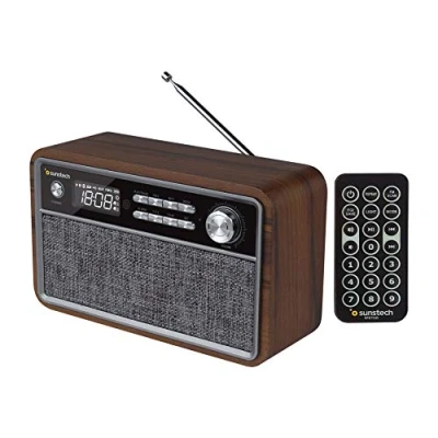 Image de SUNSTECH RPBT500 Radio FM compacte en Bois avec présélections, Mode Horloge, Double Alarme, Haut Parleur Bluetooth (v4.2) de Basses puissantes, Mains Libres, USB, Micro SD et aux in. Télécommande
