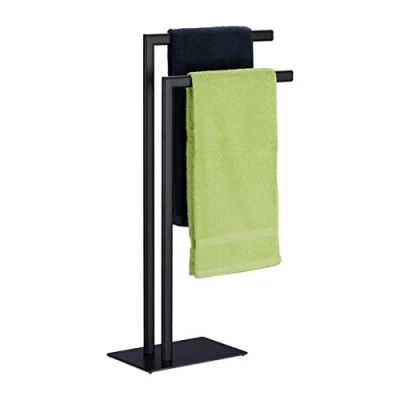 Image de Relaxdays Porte Serviettes Autonome, 2 Barres, Support Salle de Bain, Acier, HxLxP: 81 x 49 20 cm, Noir, 1 élément