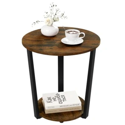 Image de WOLTU Table Basse Ronde, d&#039;Appoint à 2 Étagères, Bout de Canapé avec Cadre Métallique, Chevet, pour Salon Balcon Chambre Coucher, en Bois Composé et Métal,Effet brûlé