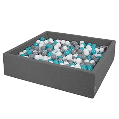 Image de KiddyMoon Piscine À Balles pour Bébé Carré 120X30cm/200 7Cm Grande Fosses Boules Jouet Enfant, Gris Foncé: Blanc Turquoise
