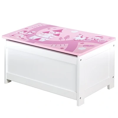 Image de roba Banc Coffre à Jouets &quot;Krone&quot; pour Fille en Bois de Rangement Fermeture Douce Rose/Motif Contes Fée
