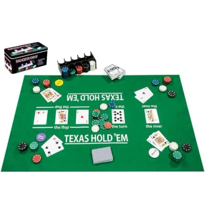 Image de Engelhart 320900 Set de Poker Complet Boîte en métal avec Tapis, 200 jetons (4 g), 2 Jeux Cartes, Boutons Croupier, Petite et Grande Blinde + règles du Jeu