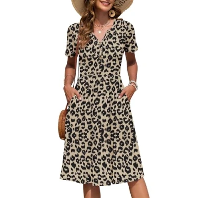 Image de AUSELILY Robe Femme d&#039;été à Manches Courtes Longueur Genou Col en V avec Boutons Robes Mi Longue Style Empire Poches Léopard S